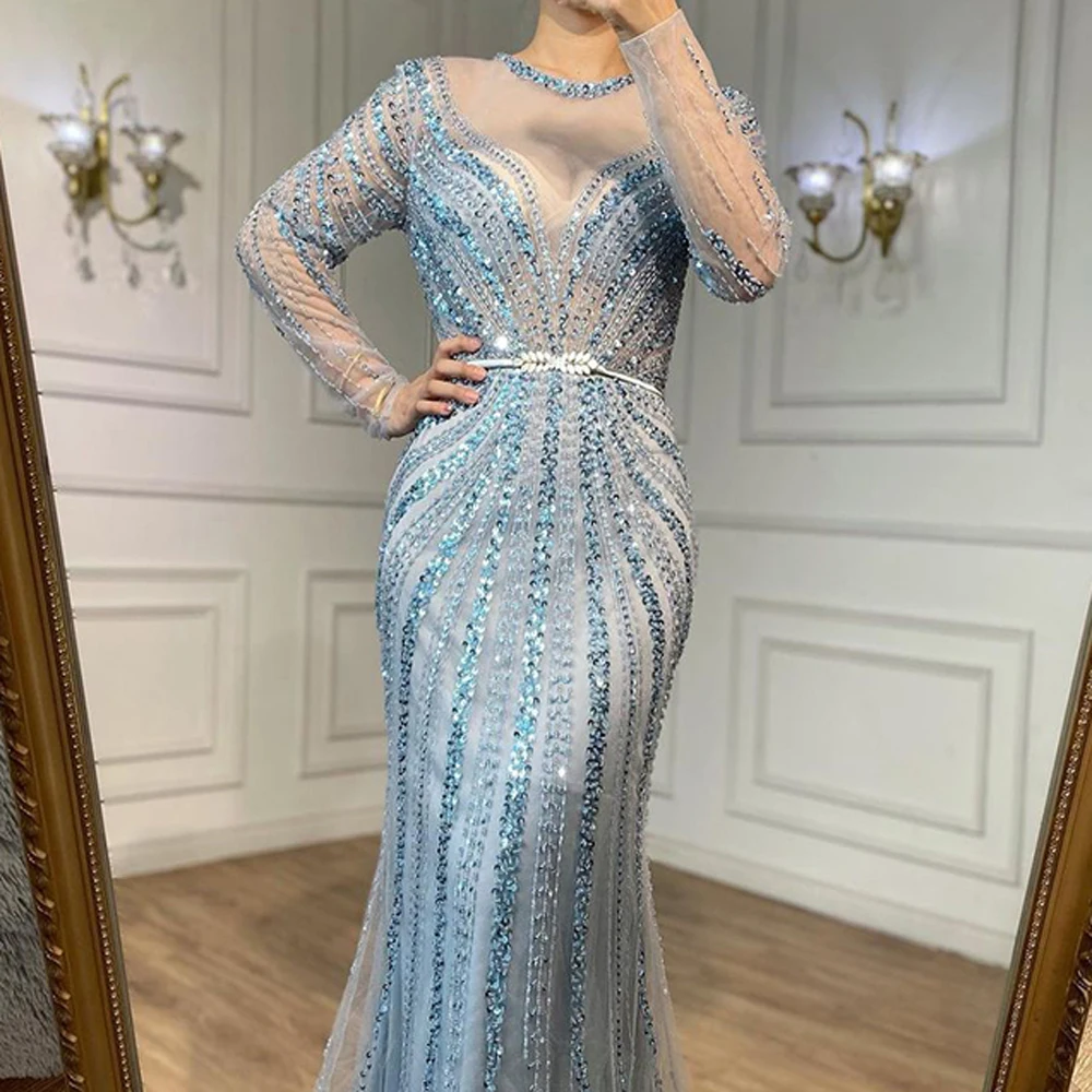 Sparkly Sequined Evening Dresses For Women 2023 Mermaid Dubai Luxury Beading With Belt Formal Party Prom Gowns Robe De Soiree