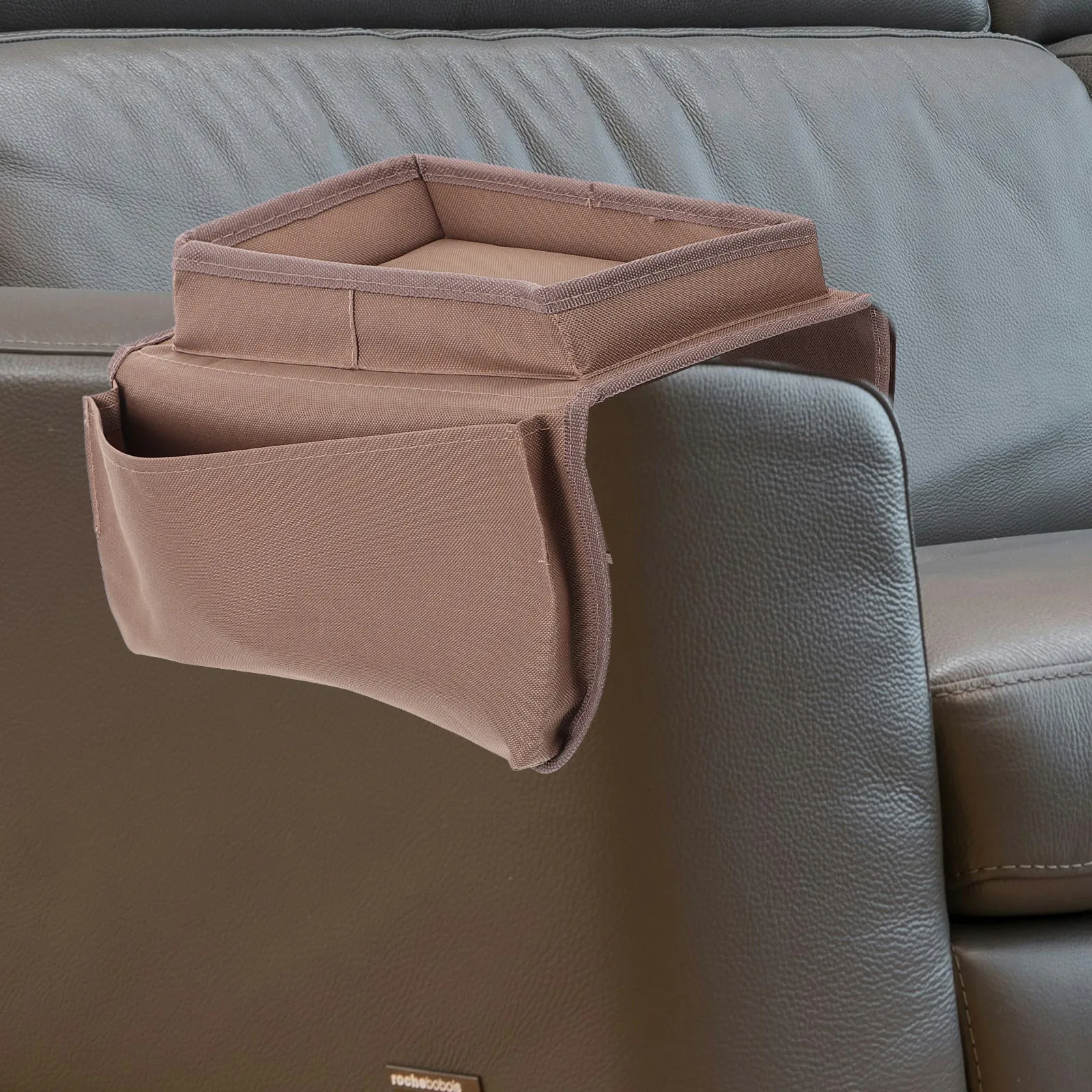

Sofa Armrest Storage Bag Brown Organizer Large Pocket Small Pockets Tray Collapsible Durable Oxford Cloth Easy Clean Dry Tidy