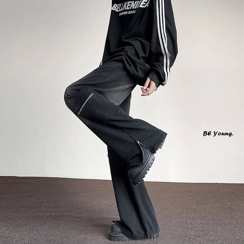 남성용 바이브 스타일 가을 워싱 지퍼 청바지, 힙합 견고한 와이드 레그 팬츠, 느슨한 스트레이트 튜브 데님 바지