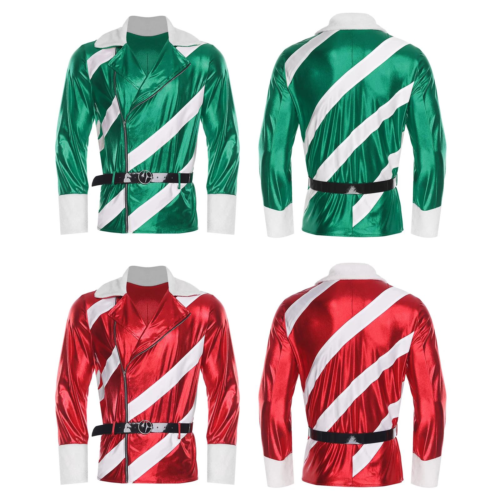 سترة رجالي لعيد الميلاد سانتا كلوز لعيد الميلاد بياقة مدببة وأكمام طويلة معطف معدني مخطط مع حزام من الجلد الصناعي قابل للتعديل #2