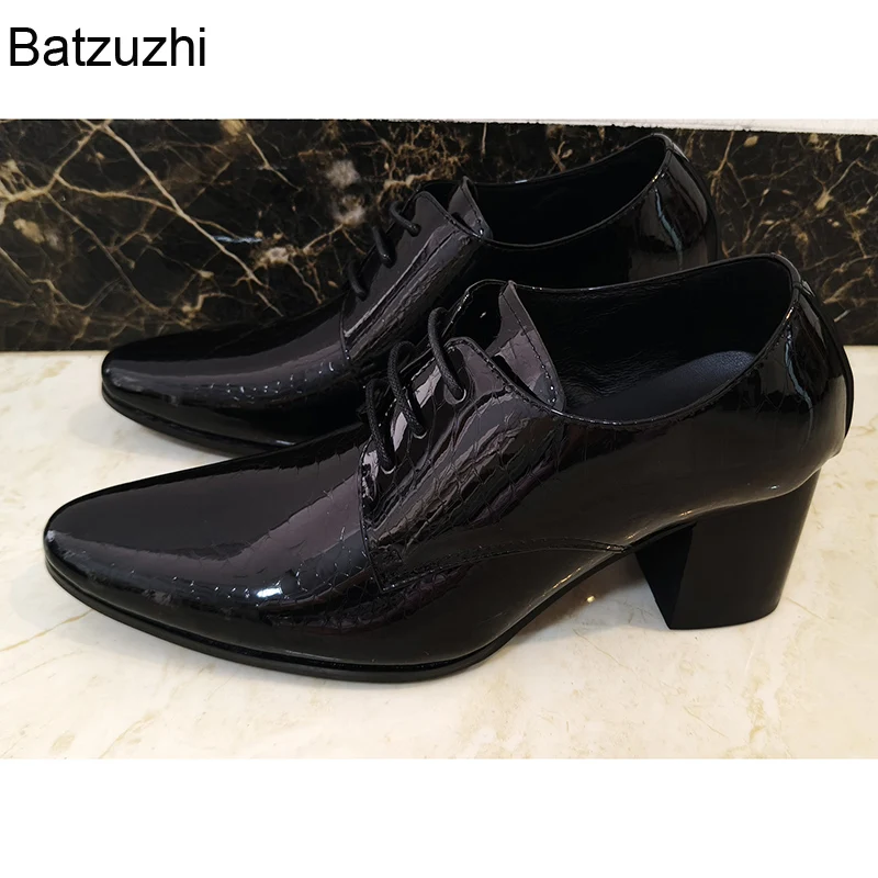 New 7.5cm High Heel Men Shoes Pointed Toe Black Patent Leather Dress Ankle Boots Men Party Zapatos De Hombre, Big Sizes 38-46