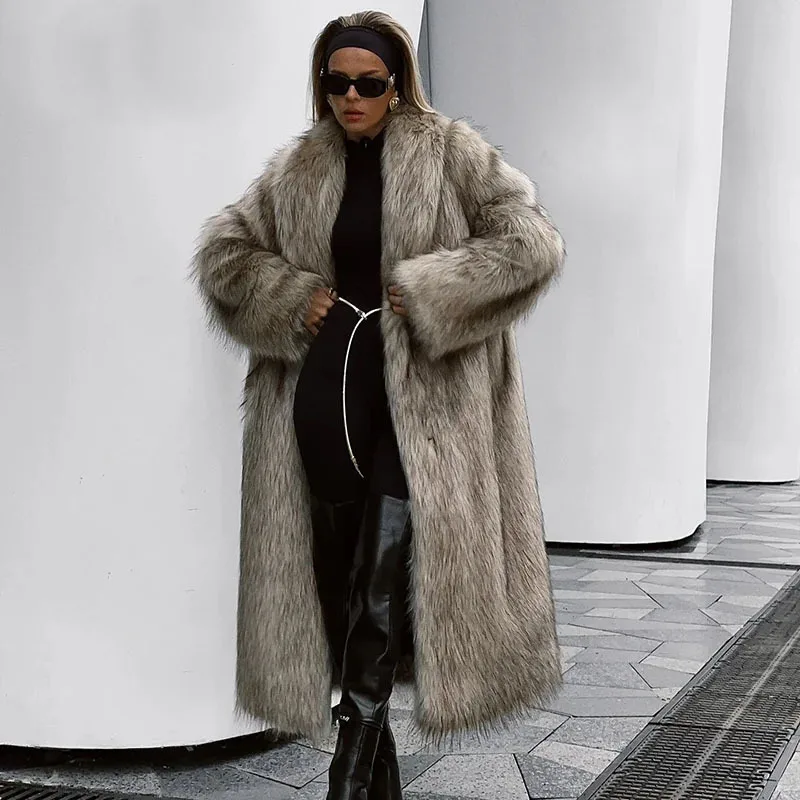 Autumn Winter Faux Fox Fur Coat European American Street Fashion Long Loose Eco-friendly Fur Cardigan High-end Trench Coat
