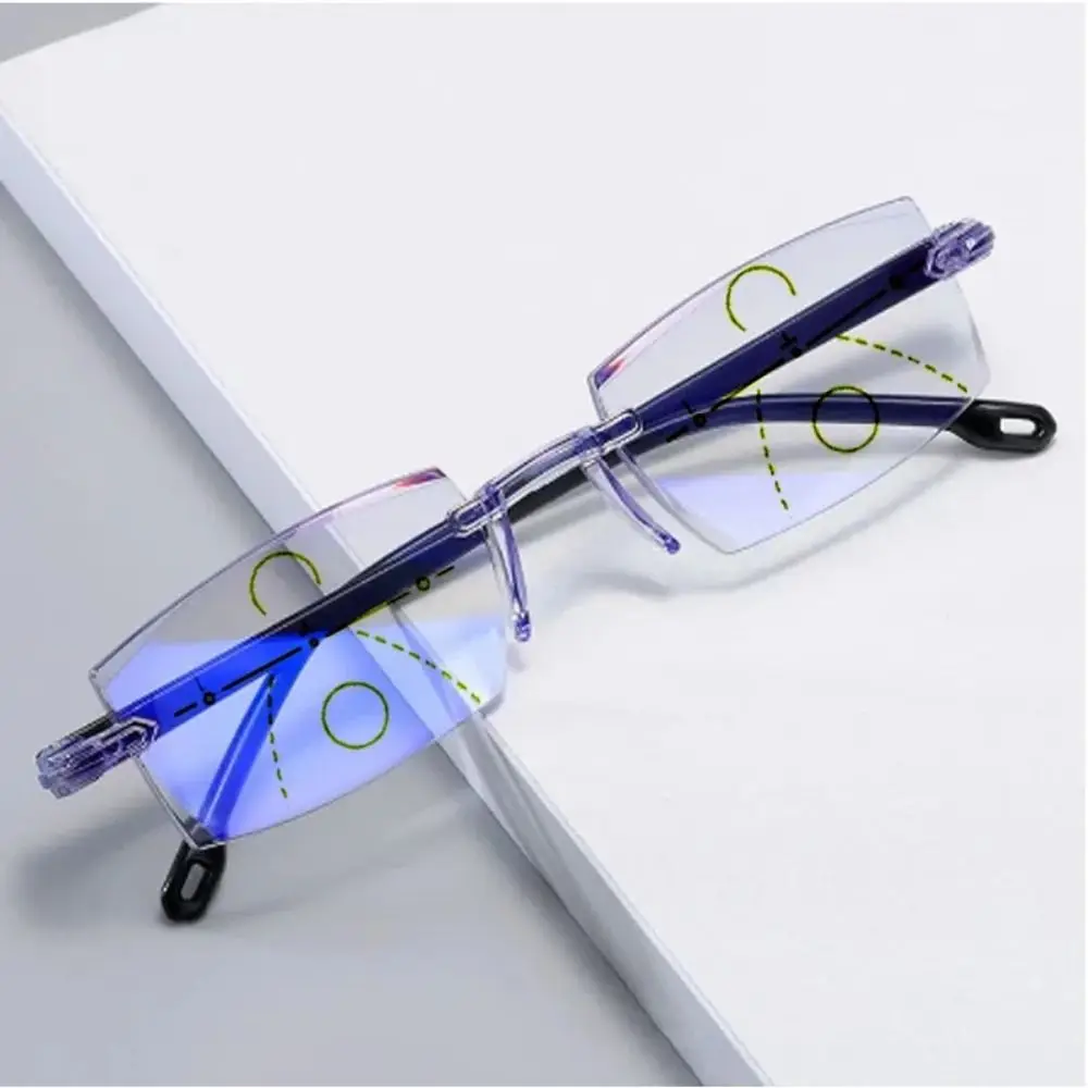 PC Reading Glasses Strength: 1.0~4.0x Black+Blue Rimless Eyeglasses Diamond-cut Bifocal Rectangle Blue Light Blocking Glasses