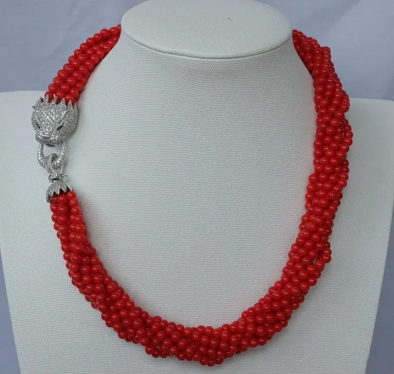 Mode 8 strands rond rouge perles de corail collier avec zircon leopard / cheetah fermoir