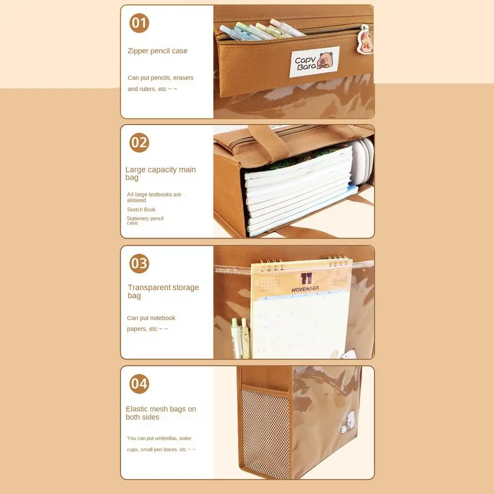 Side Mesh Pocket Tote School Bag Capybara Panda Large Capacity A4 File Bag Partition Storage with Pencil Bag Tutorial Bag