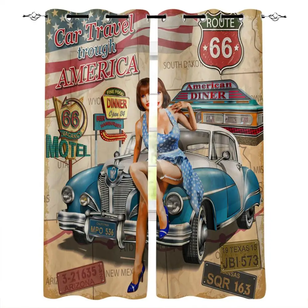 Retro Poster Car Sexy Girl Curtains for Living Room Window Curtains for Bedroom Modern Curtains Drapes Blinds