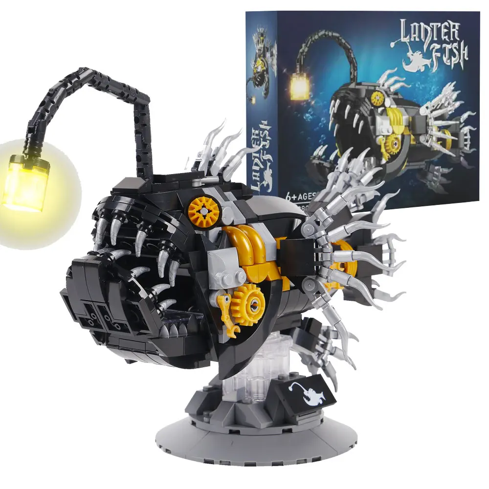

562PCS Creative Mechanical Lantern Fish‌ Building Blocks With LED Light MOC Assemble Bricks Toy Gift For Children Kids