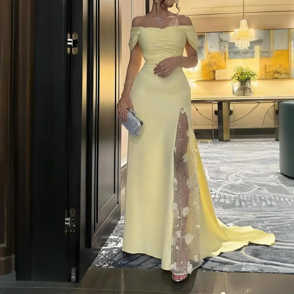 

Off the Shoulder Yellow Evening Dresses Sheer Beads Flowers Mermaid Dubai Arabic african prom dress Formal Gowns