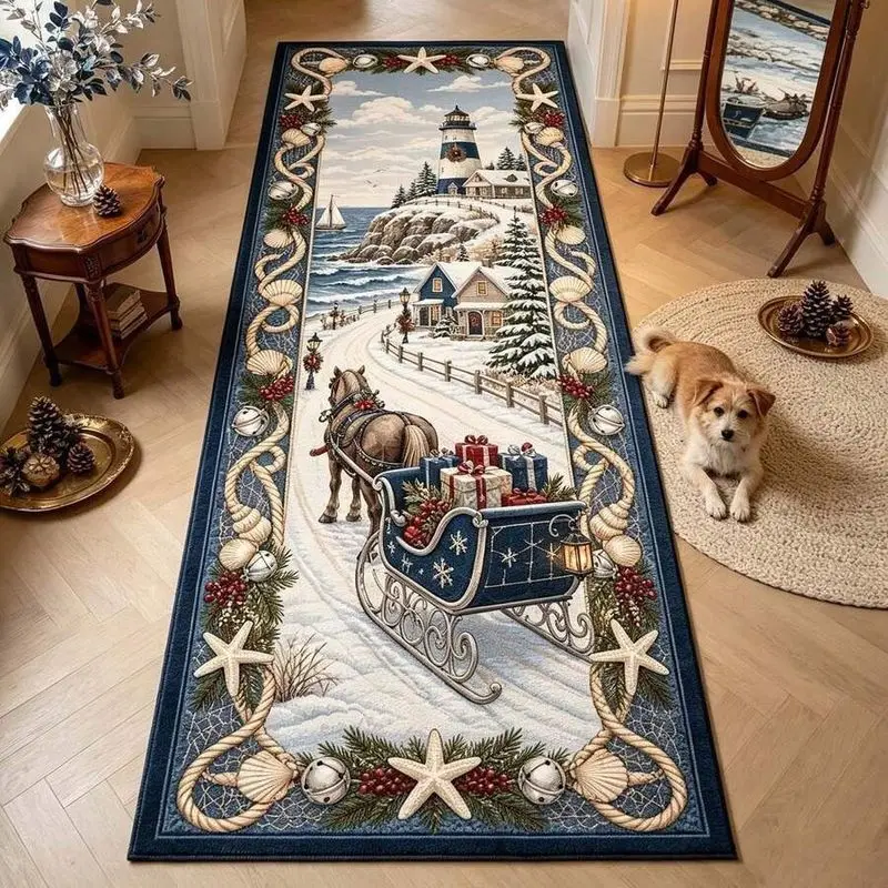 VIKAMA Christmas Runner Rug For Hallway Non Slip Long Corridor Mat Winter Lighthouse Sleigh Festive Holiday Home Decor