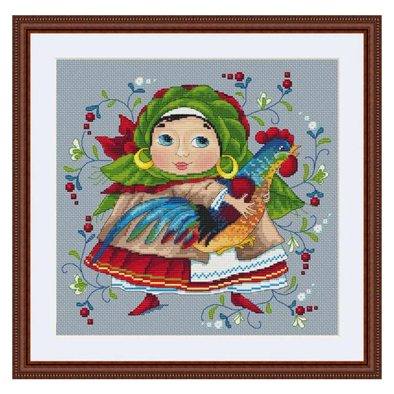 Amishop Top Quality Counted Cross Stitch Kit Rooster And Girl Beauty DIY Embroidery Merejka K-11