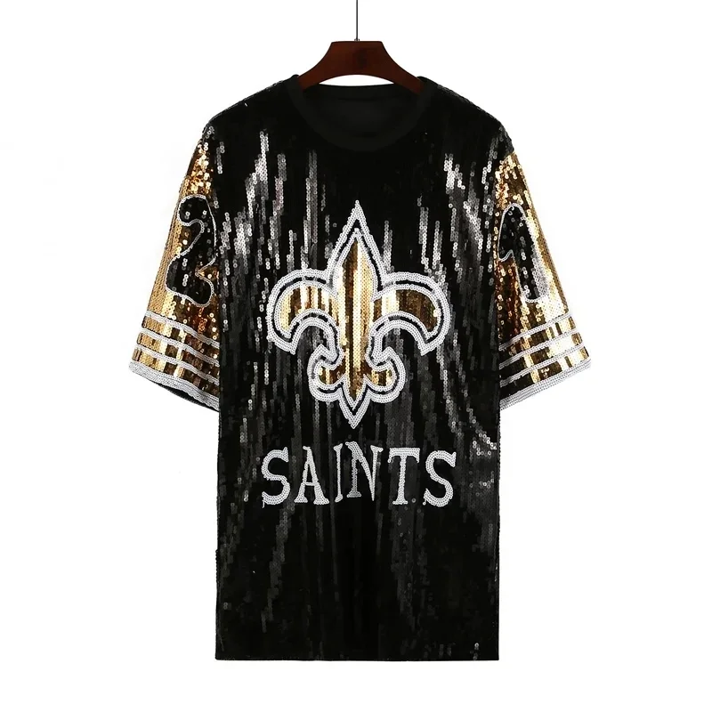 

Новая летняя женская футболка оверсайз с цифрами и буквами, уличный стиль, с пайетками, для ночного клуба, прямой крой, с коротким рукавом, женская одежда
