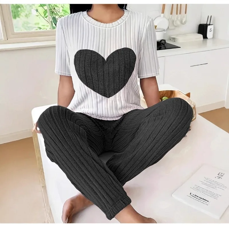 

Women's Heart Print Ribbed Knit Pajama Set Short Sleeve Long Pants Casual Loungewear Two Piece Outfit