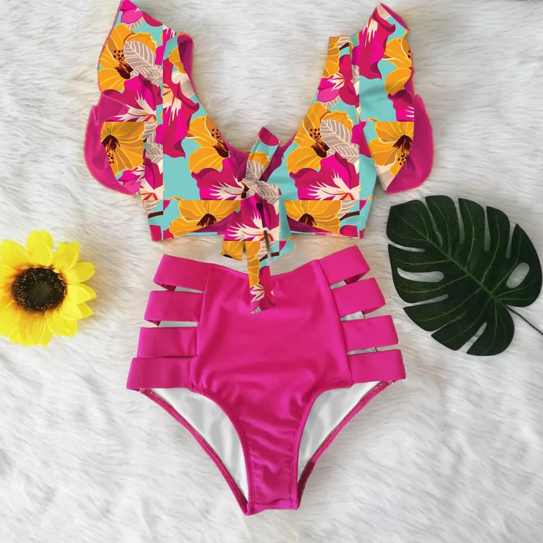 High Waist Ruffled Sexy Bikini Set 2024 Flounce Biquini Swimwear Women Two Pieces Swimsuit Floral Beachwear V-Neck Bathing Suit