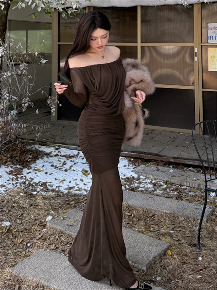 Women Long Sleeve Off Shoulder Coffee Long Dress New Spring Slash Neck Mesh Patchwork Dress Strapless Pleated Pencil Party Dress
