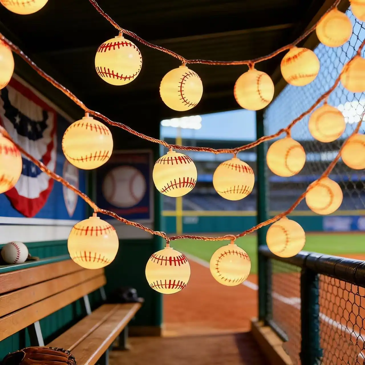 Guirlandes lumineuses LED de baseball, blanc chaud, à piles, décoratives pour chambre, jardin, fête, décoration de vacances