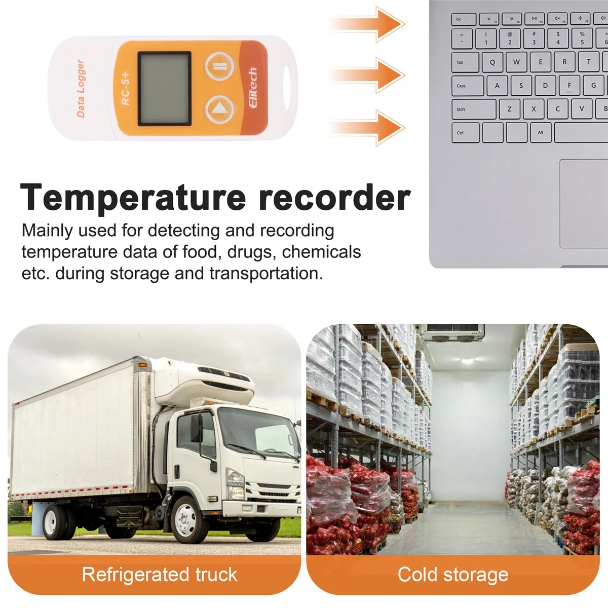 Elitech RC-5+ PDF USB Temperature Data Logger Reusable Recorder 32000 Points for Refrigeration, Cold Chain Transport