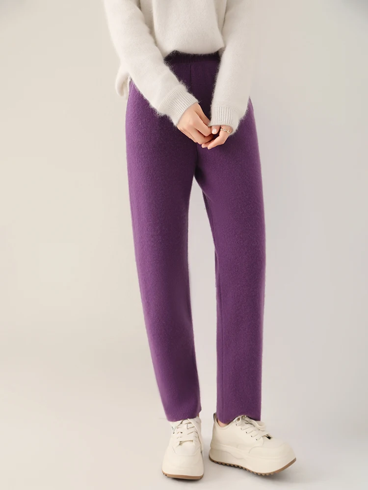 

Женские шерстяные брюки-карандаш с эластичной резинкой на талии, повседневные вязаные брюки на осень-зиму, трикотаж из 100% мериносовой шерсти, корейские модные брюки