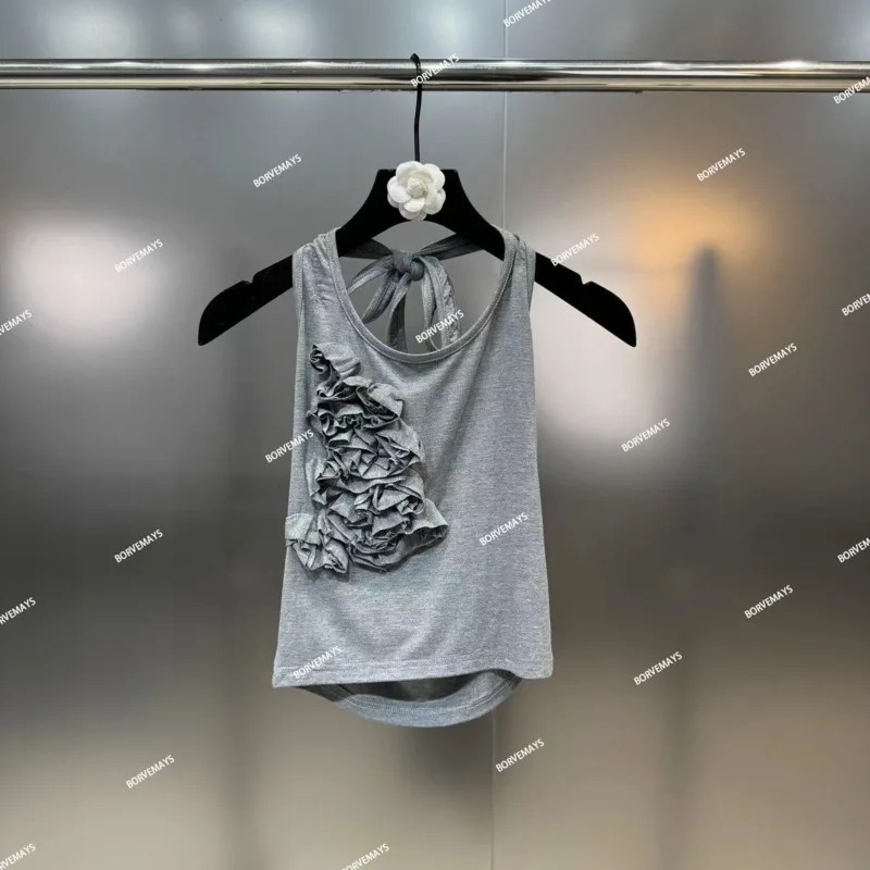 

BORVEMAYS Summer New Backless Sexy Slim Tank Tops 2024 Fashion Pearl Collar Sleeveless Ruffles Flower Vest WZ9009