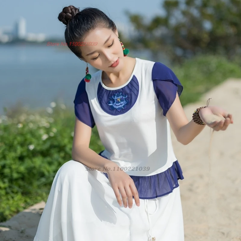 2025 chinese traditional t-shirt national flower embroidery o-neck chiffon shirt retro vintage base shirt improved hanfu tops