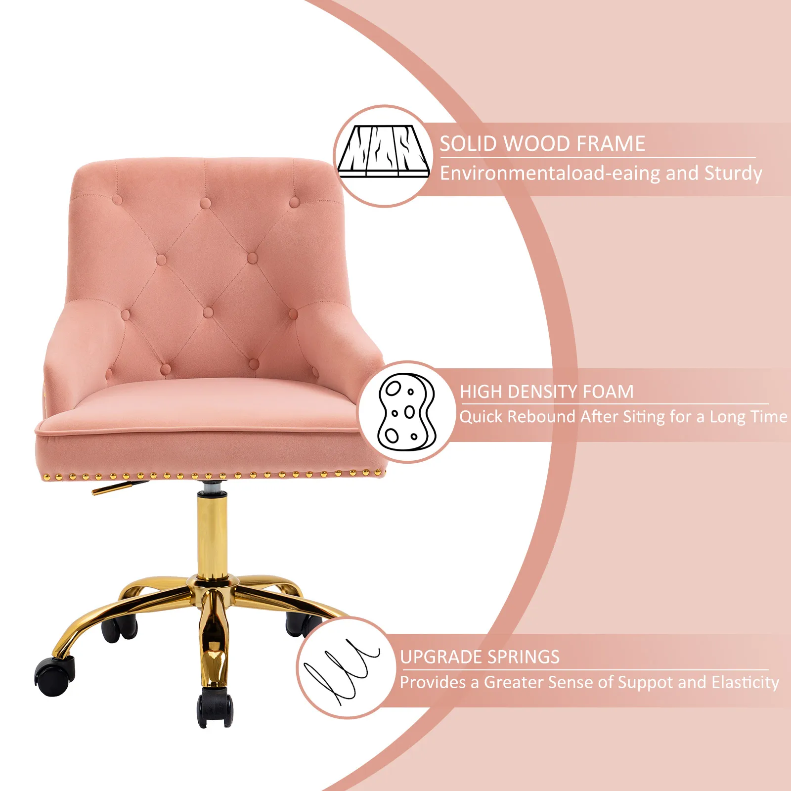 Modern Mid-Back Tufted Office Adjustable Height Computer Chair Velvet Soft Vanity Chair with Rivet and Arm Support Furniture