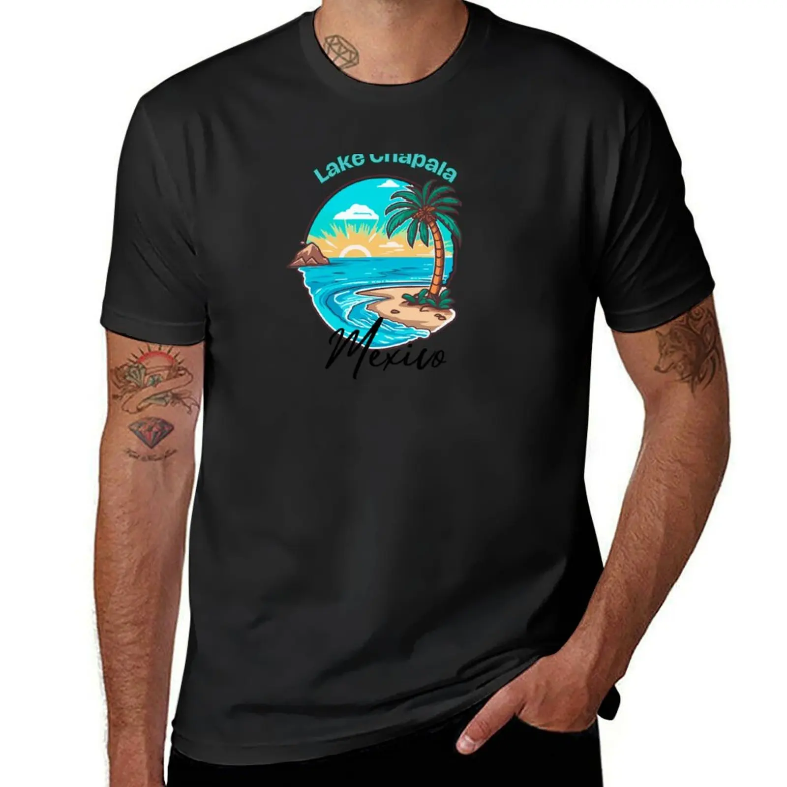 

Lake Chapala Mexico Blue Sky Clouds Sun Palm T-Shirt oversizeds customizeds sweat men workout shirt