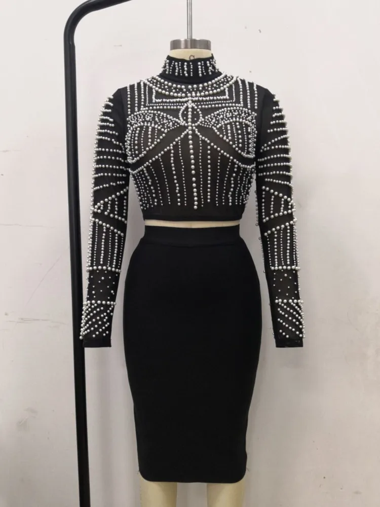 New Arrival Women Sexy Designer Beading Mesh Long Sleeve T-Shirts Ladies Black Nude Designer Tees Tops