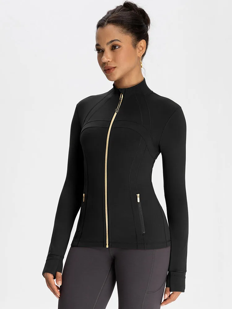 Yoga suit gold zipper version women's yoga jacket, sports stand up collar jacket, fitness slim fit and slimming top