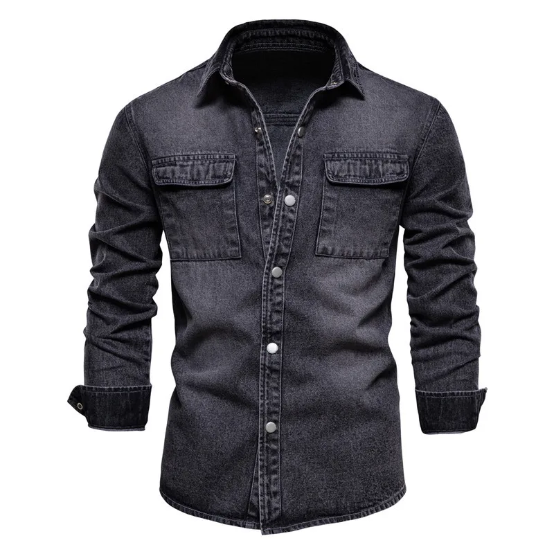 Spring Fashion 100% Cotton Denim Shirts Streetwear Men Casual Thick Long Sleeve Shirt for Men High Quality Men\'s Shirts Coats