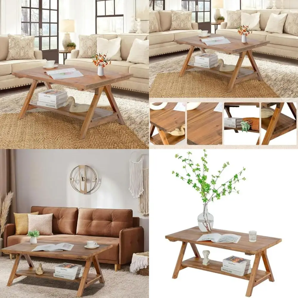 

Rustic Rectangular 2-Tier Solid Wood Coffee Table with Storage Shelf for Living Room in Natural Finish