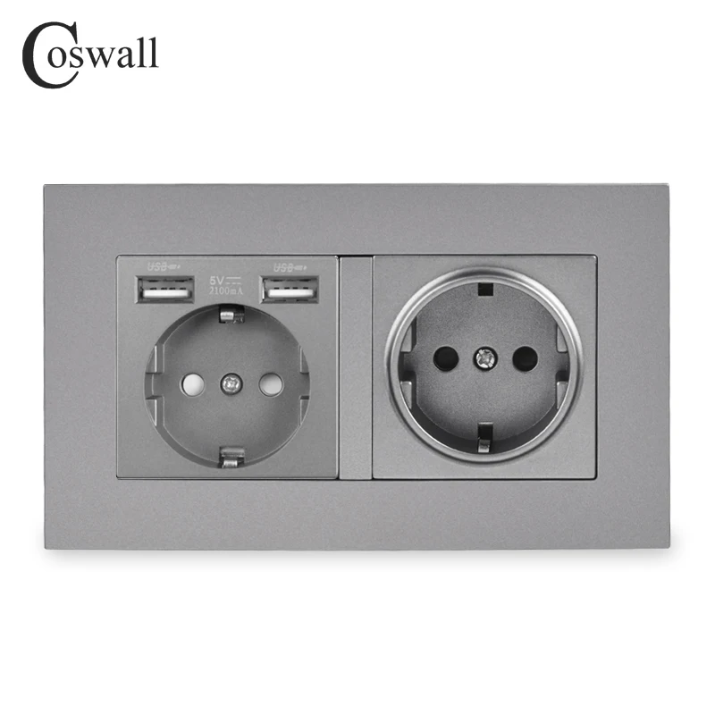 COSWALL 2 Gang Russia Spain EU Standard Wall Socket With 2 USB Charge Port Hidden Soft LED Indicator PC Panel Black White Grey