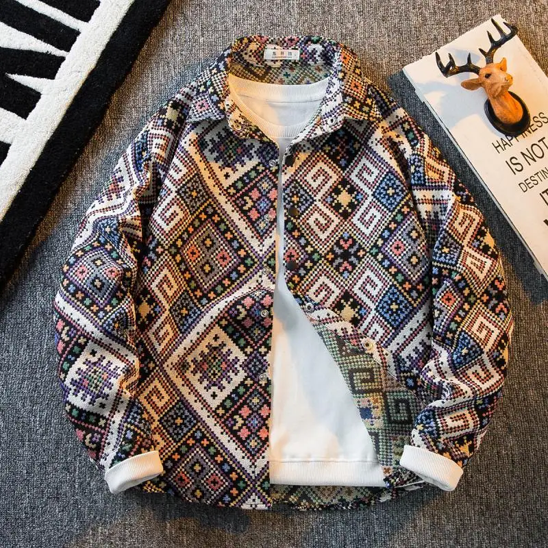 Men’s Ethnic Argyle Thin Coat Shirt Boho Artistic Pattern Long Sleeve Oversized Hippie Casual Jacket Spring Fall Woven Outerwear