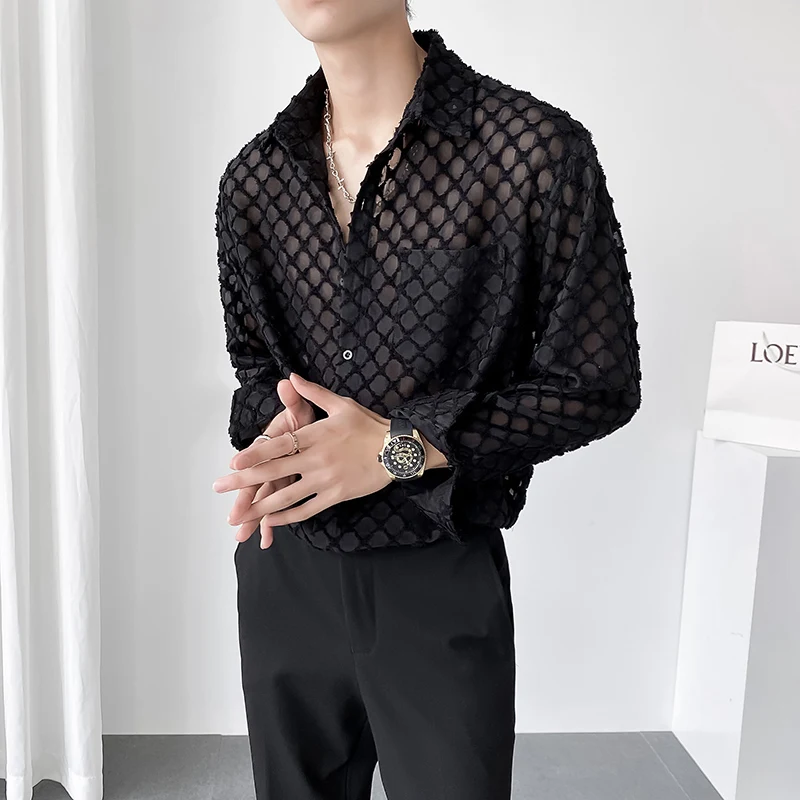 Designer Sexy Translucent Hollow Plaid Shirt Korean Fashion Loose Casual Long Sleeve Shirt Male Dress Shirts Tops Stage Clothes