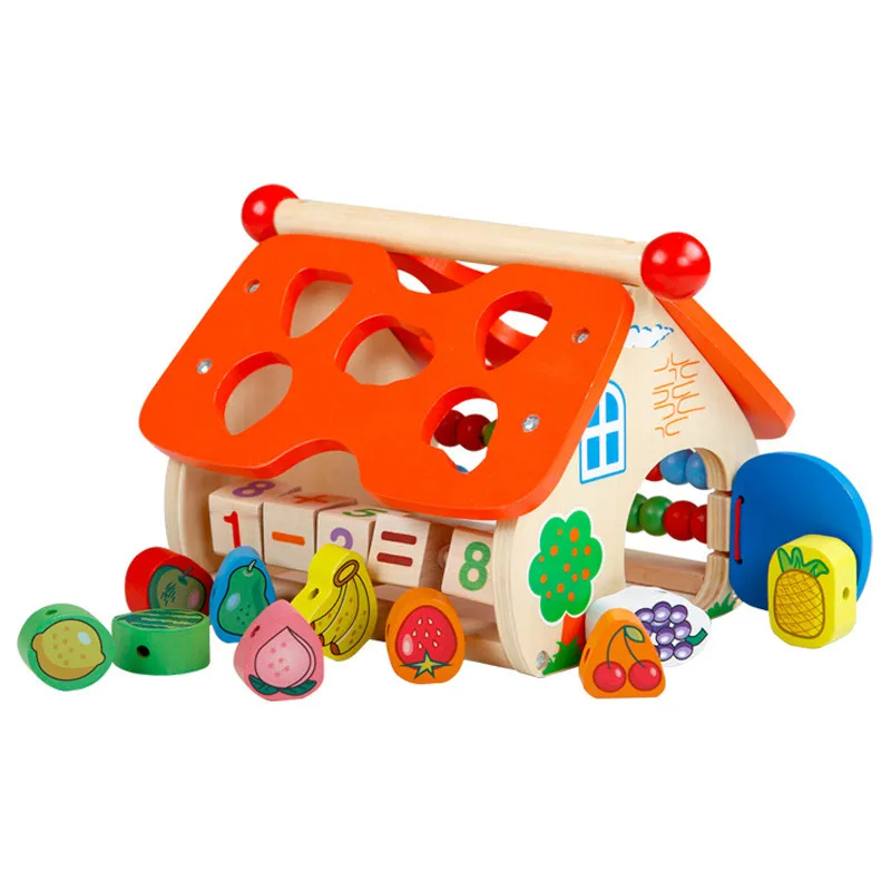 Multi-functional Baby Wooden wisdom house DIY String fruit Beads Arithmetic abacus set Wood Math Counting Building Block game