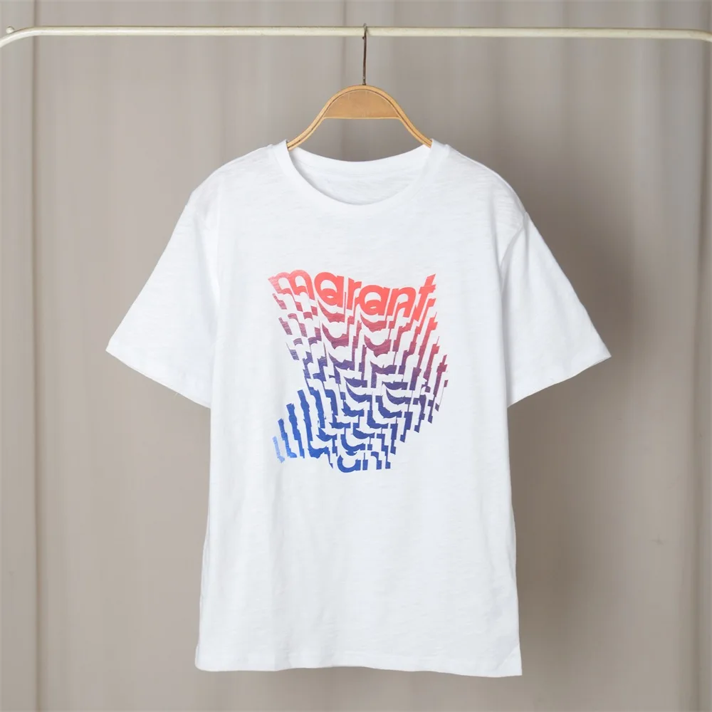 Camiseta de algodón de manga corta con escote redondo y estampado de letras para mujer