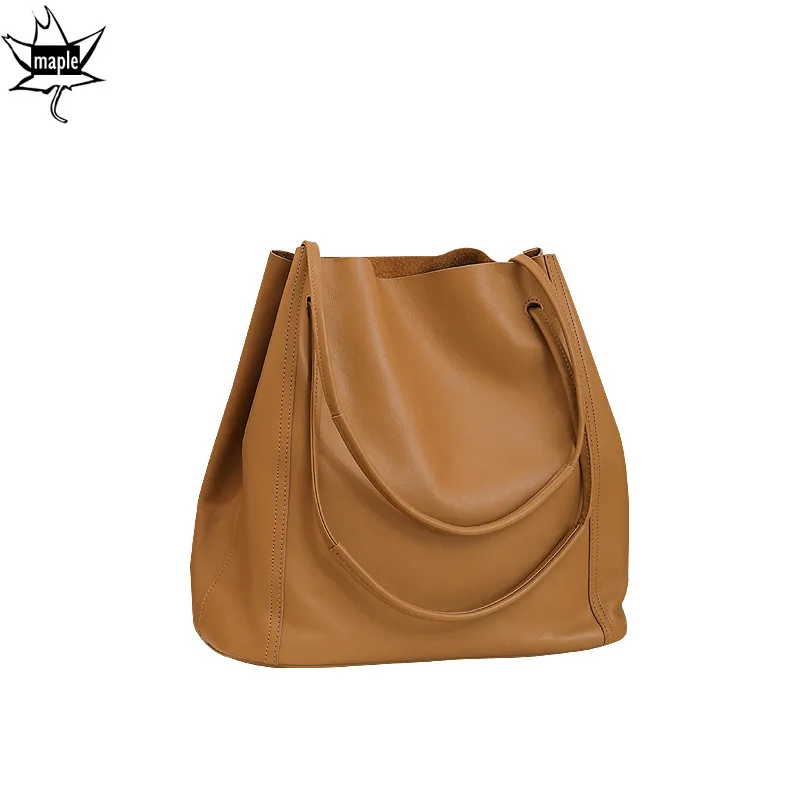 New High-end Handmade Large Capacity Bucket Tote Simple Vegetable Tanning Cowhide Women's Handbag Leather Shopper Purse