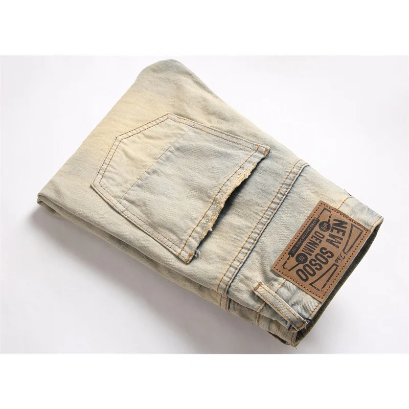 Retro Tattered Jeans Patch Multi-Pocket Zipper Jeans Men's Motorcycle Style Street Handsome Nostalgic Washed Slim Trousers