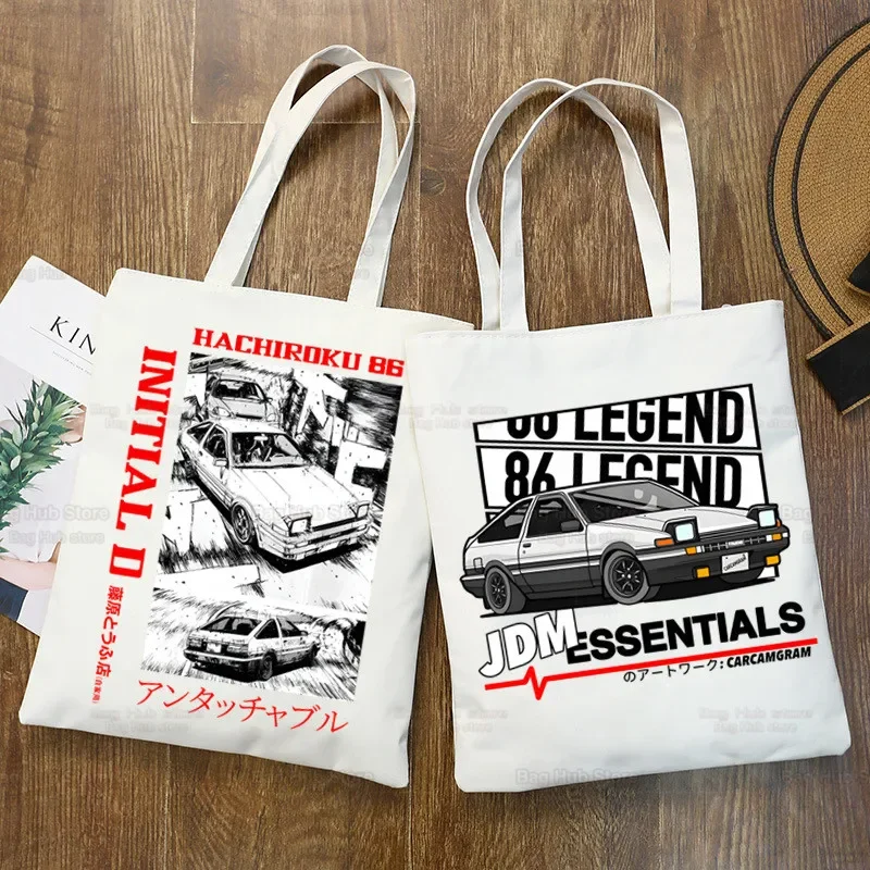 AE86 Japan Anime Art Canvas Bag Totes Simple Print Initial D Racing Shopping Bags Girls Life Drift Car JDM Casual Pacakge