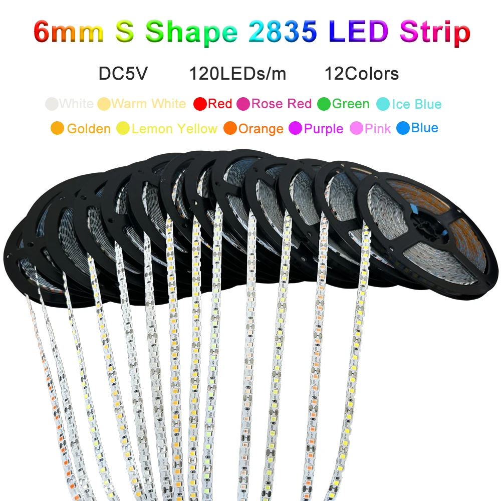 DC5V S Shape 2835 SMD LED Strip 6mm Width Bendable 120LED/m Flexible Foldable String Light DIY Neon Sign Letter 12Color 0.5m-10m