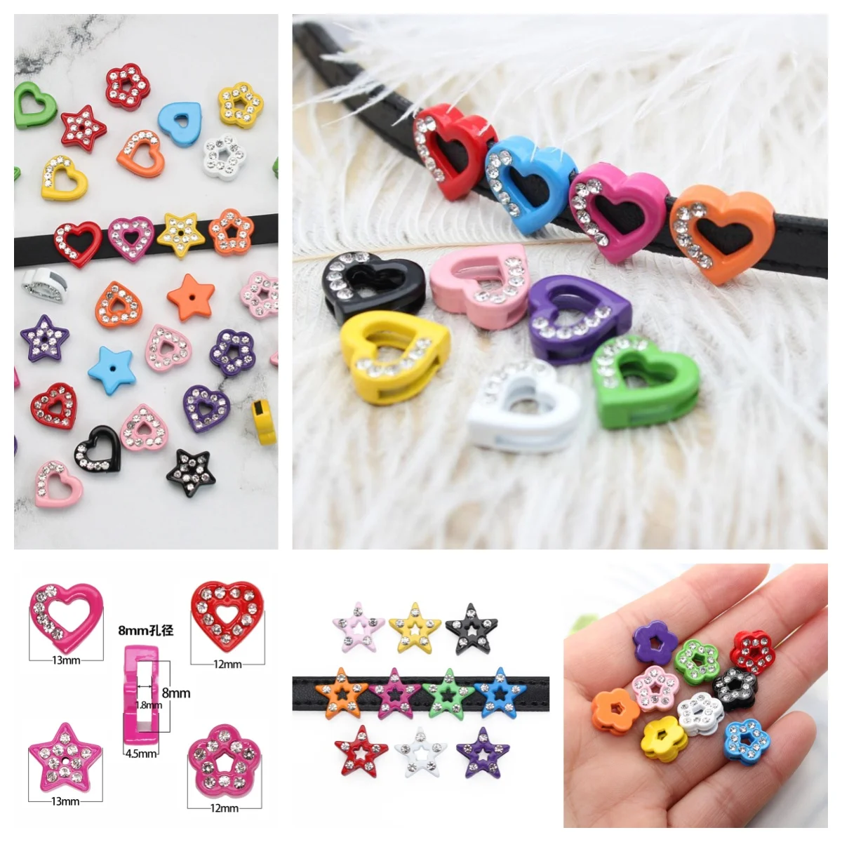 50PC/lot Rhinestones Heart Star Flower Slide Charm 8MM Painting Colorful DIY Charms Fit For 8mm Bracelet Wristband Keychains