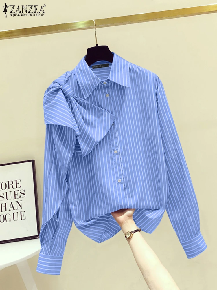 Elegant Lapel Bowtie Sritching Tees 2024 ZANZEA Women Long Sleeve Tops Casual Stripes Printed Shirts Korean Fashion Loose Tunic