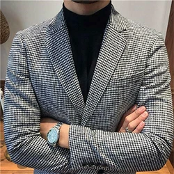 2024 British Style Slim Fit Houndstooth Blazer For Men Fashion Single Breasted Business Office Wedding Dress Suit Jacket