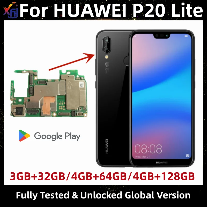 Motherboard for HUAWEI P20 Lite, Original Unlocked Mainboard, 64GB, 128GB ROM, with Google Play store Installed