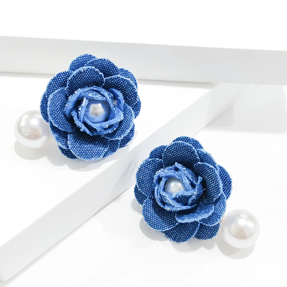 Trendy Denim Blue Fabric Pearl Flower Stud Earrings for Women Sweet Rose Earrings Versatile Wedding Party Jewelry Gifts - Image 4