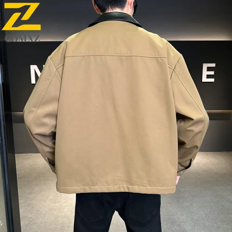 COMXZ Mens 2025 Large Size Fall Pure Color Turn down Collar Loose Fit Casual Jacket for Outdoor Outfit lightweight windbreaker