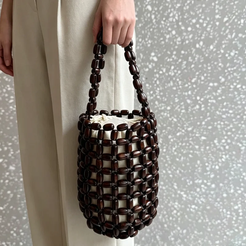 Retro Handmade Wooden Bead Woven Bucket Bag, Creative Handbag Women Mini Hollow Bucket Bag, Summer Wrist Bag With Inner Pocket