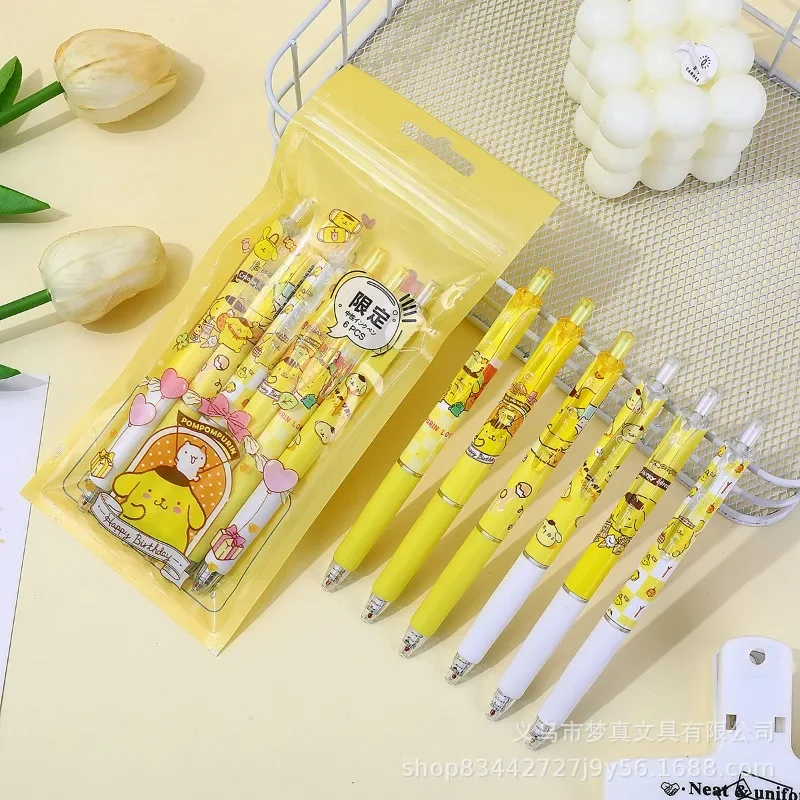 6pcs/set Cute Cartoon Pom Pom Purin Retractable Pen St Head Quick-dry Black Gel Pen Students Brush Questions Cute Stationery