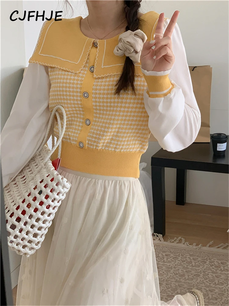 CJFHJE Sweet Pink Sailor Collar Patchwork Knitting Shirts Checkered Spring Autumn Green Blouses Women Yellow Lovely Short Blouse