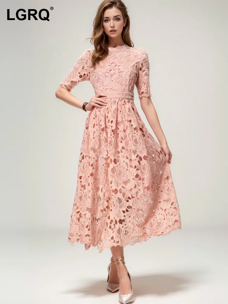 

LGRQ Women Hollow Out Flower Dress Fashion O-neck Short Sleeves Zipper High Waist A-line Dresses 2024 Summer New Clothes 19ZZ320