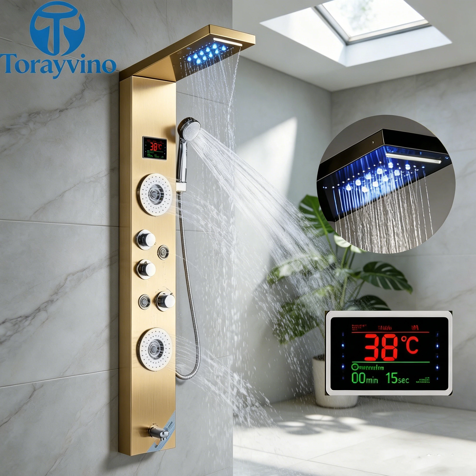 Torayvino Bathroom luxury LED Outdoor Shower Panel Set 4-way Rainfall Shower System Set Column Rain Massage Shower System Faucet