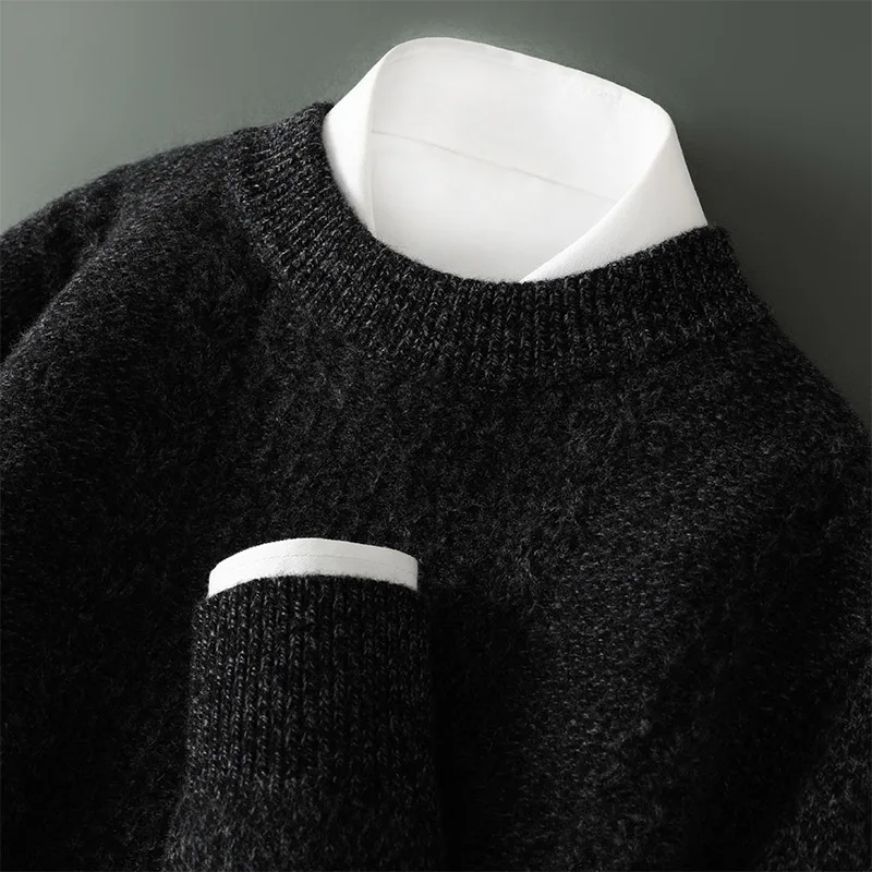 100% Pure Wool Sweater Men's Round Neck Thick Twisted Knit Bottoming Shirt Business Casual Winter Wool Pullover